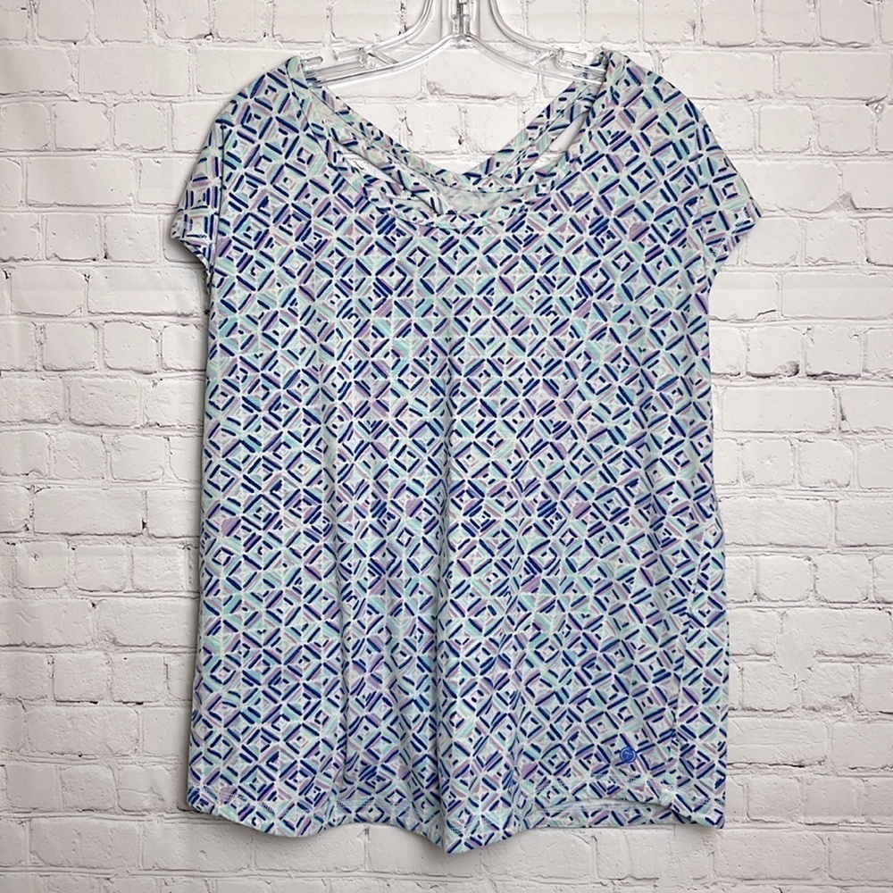 T by Talbots Geometric Print Criss Cross Cap Sleeve Top